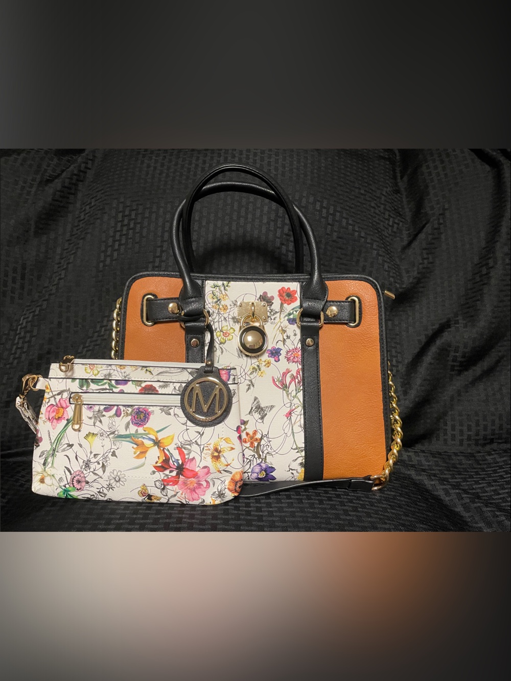 Marco M Kelly Floral Contrast Leather Tote Bag - White Floral & Tan